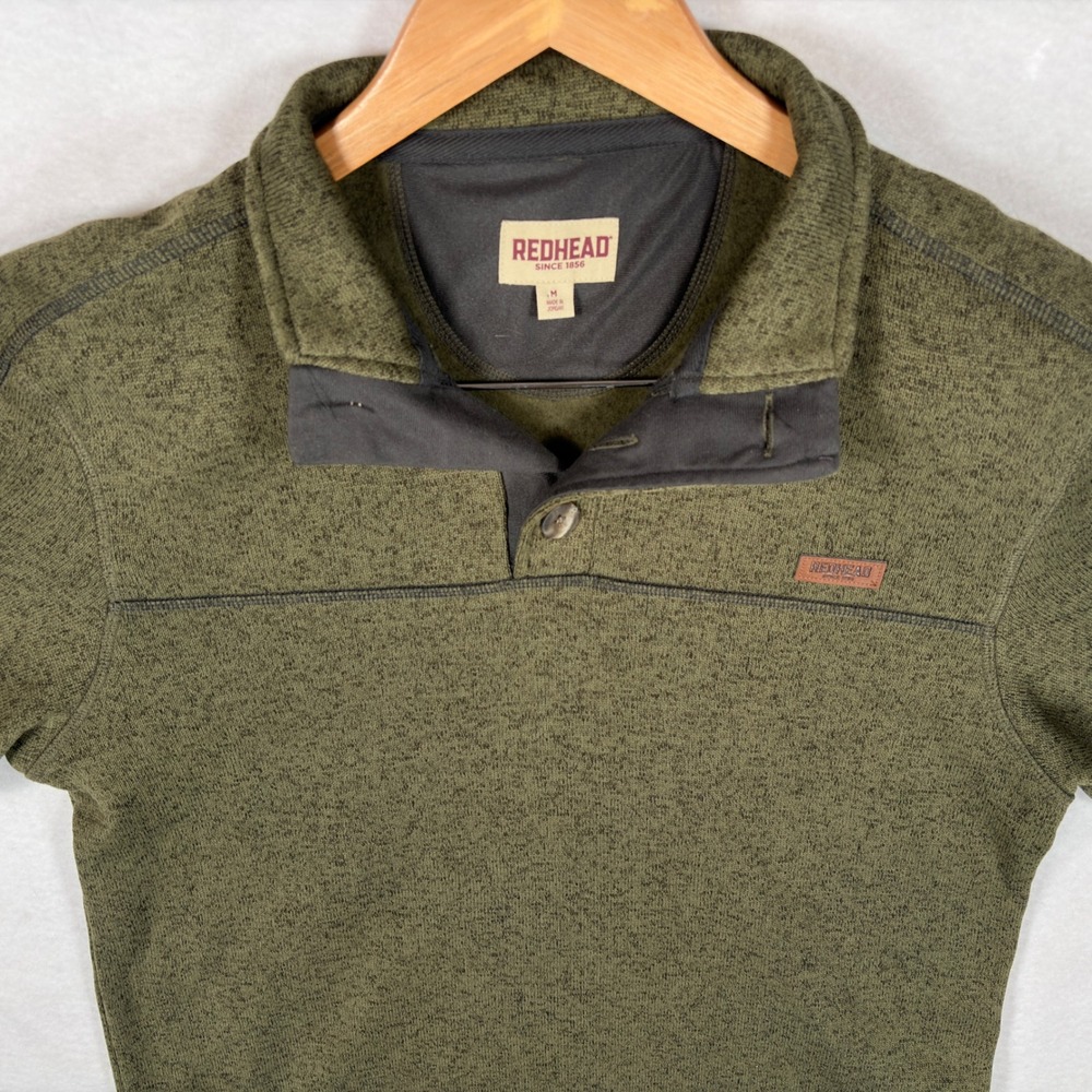 RedHead Mens Medium Olive Green Marled Fleece Lined 3 Button Mock Neck Sweater
